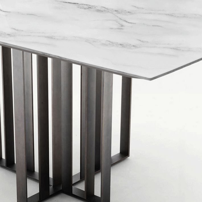 Mesa de comedor industrial de piedra sinterizada Mesa rectangular con pedestal doble de metal