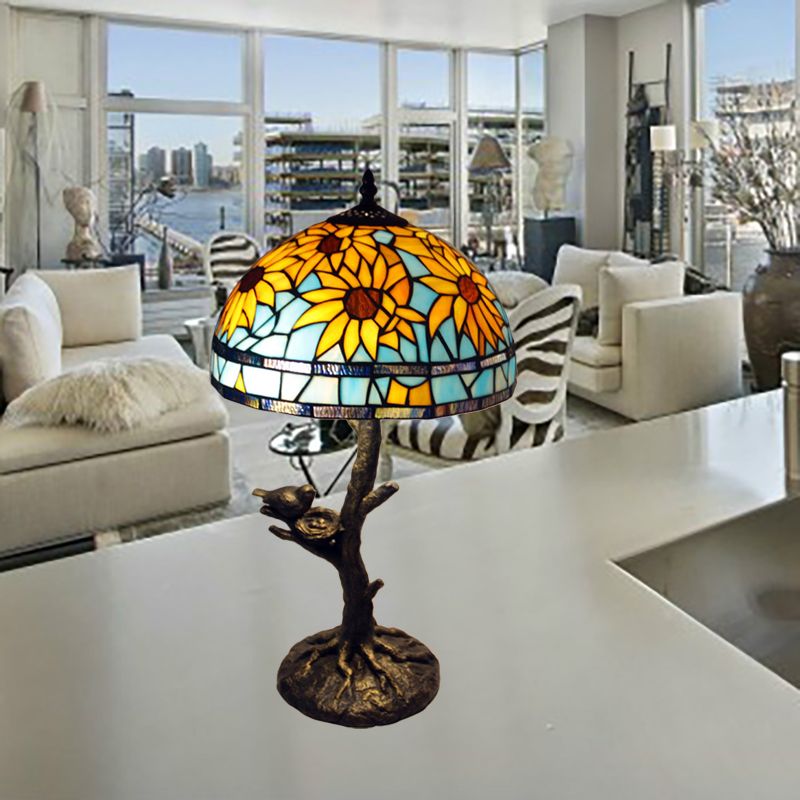 Sonnenblume Buntglas Tischlampe Mittelmeer 1 leichter antiker Messing Nachttisch