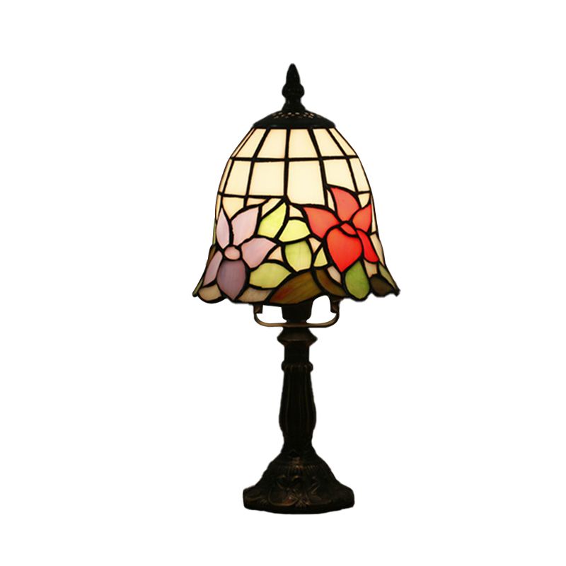Stained Glass White/Red Night Light Conical/Flared 1-Head Mediterranean Table Lighting with Floral Pattern