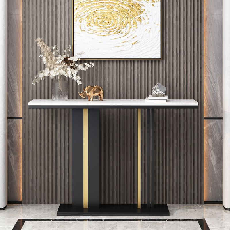 Glam Style Console Table with Stone Top and Pedestal Base for Hall