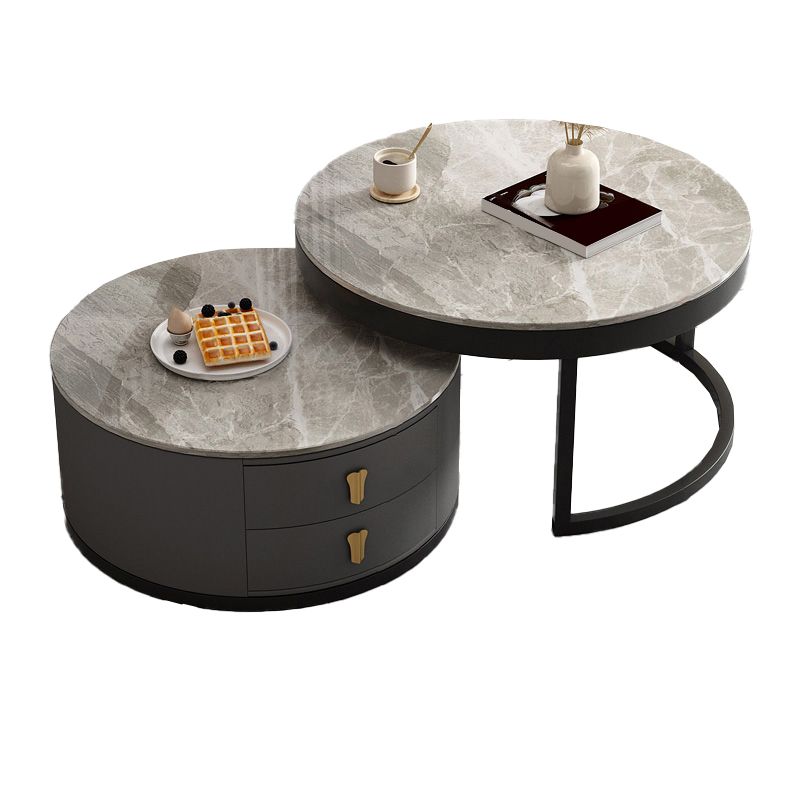 Modern Round Glass Cocktail Table Set Iron Frame Coffee Table with Drawers