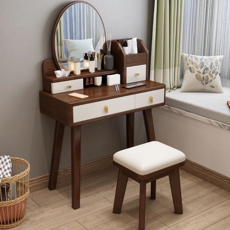 4 Drawer & Mirror Wood Vanity Desk Jewelry Makeup Dressing Table Set