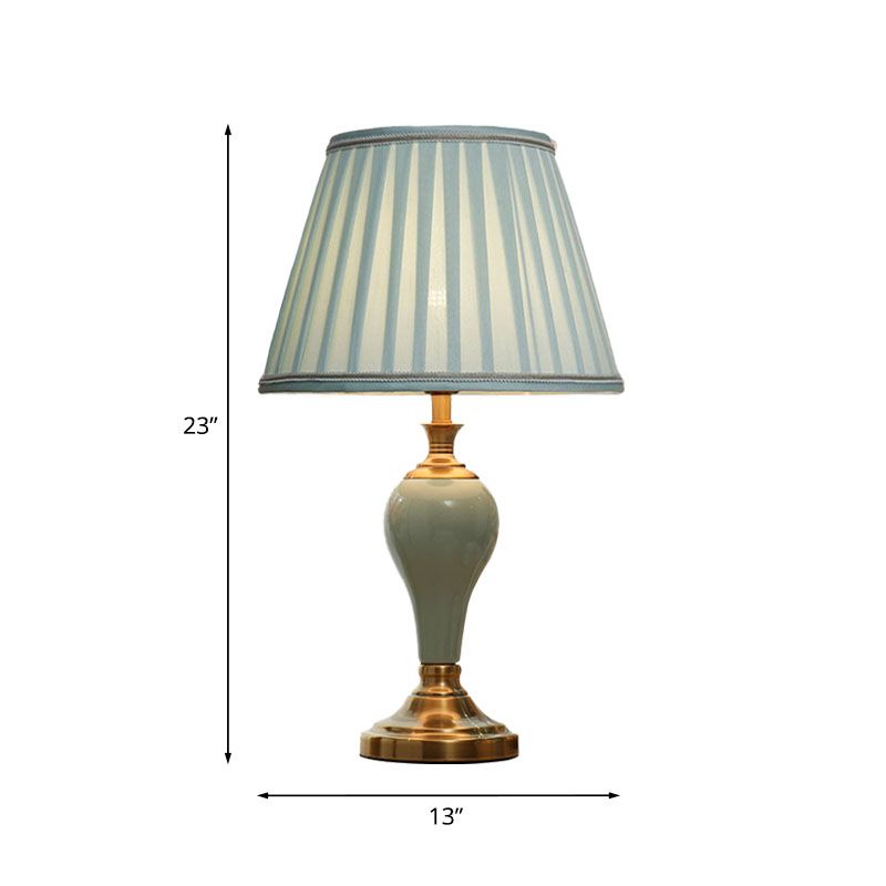 Ceramic Urn Table Lighting Vintage 1 Bulb Bedside Nightstand Light in Aqua/Beige/Silver Grey with Tapered Fabric Shade