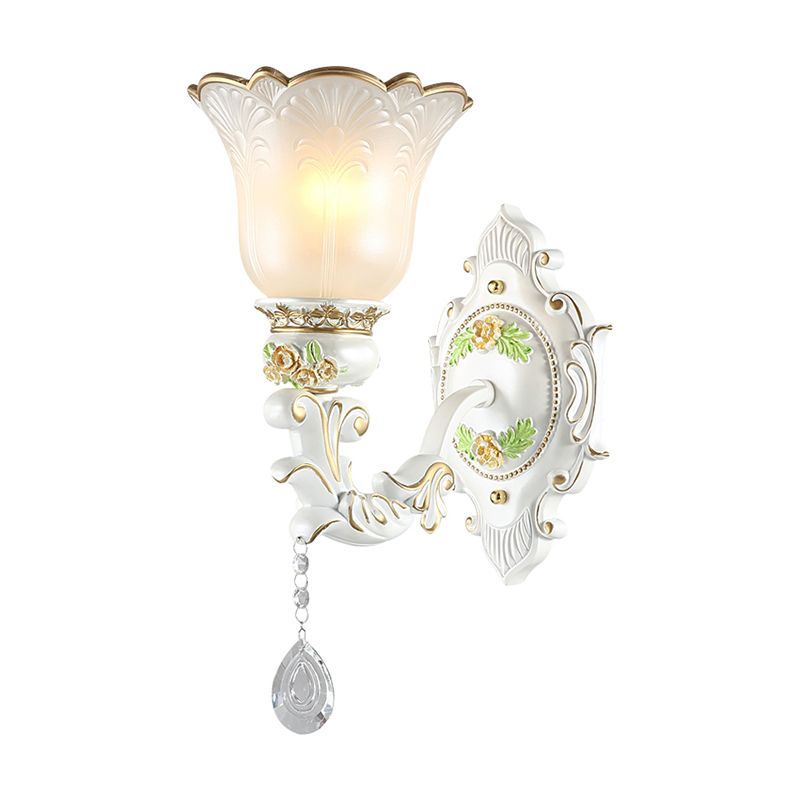 1/2-Light Bellflower Wall Light Sconce Vintage White Glass Wall Mount Fixture with Crystal Drop