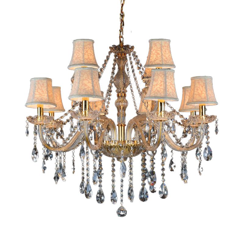 Armed Clear K9 Crystal Pendant Chandelier Rustic 6/8/10 Heads Beige Hanging Ceiling Light with Flared Fabric Shade