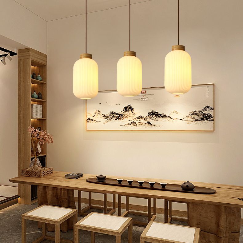 White Wooden Pendant Light in Modern Concise Style Glass Drum Hanging Light for Dining Room