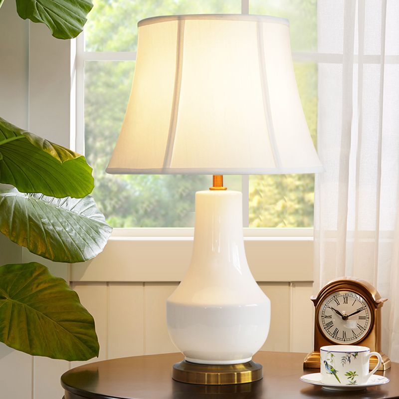 Modern Bell Shape Desk Lamp Fabric 1 Bulb Table Light in White with Jar Ceramic Base