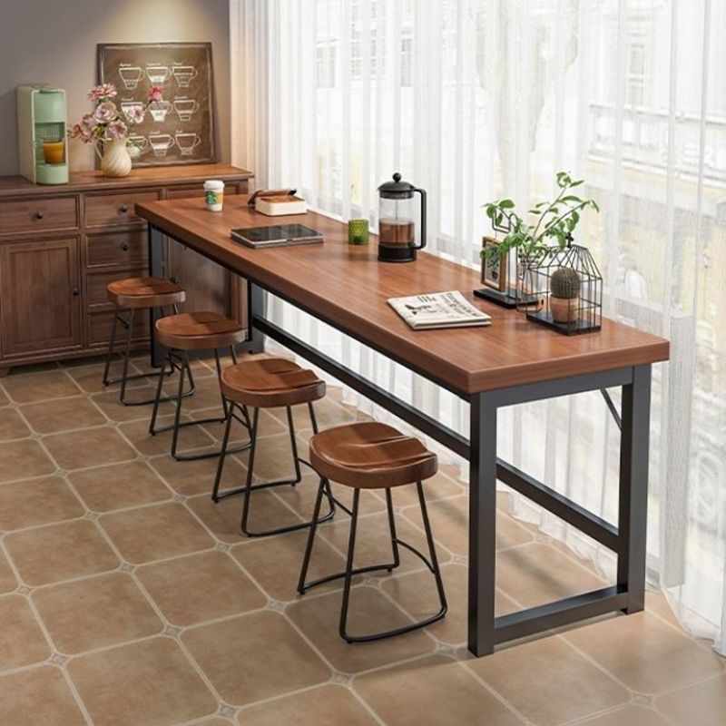 Industrial Wooden Counter Table with Metal Trestle Base in Brown