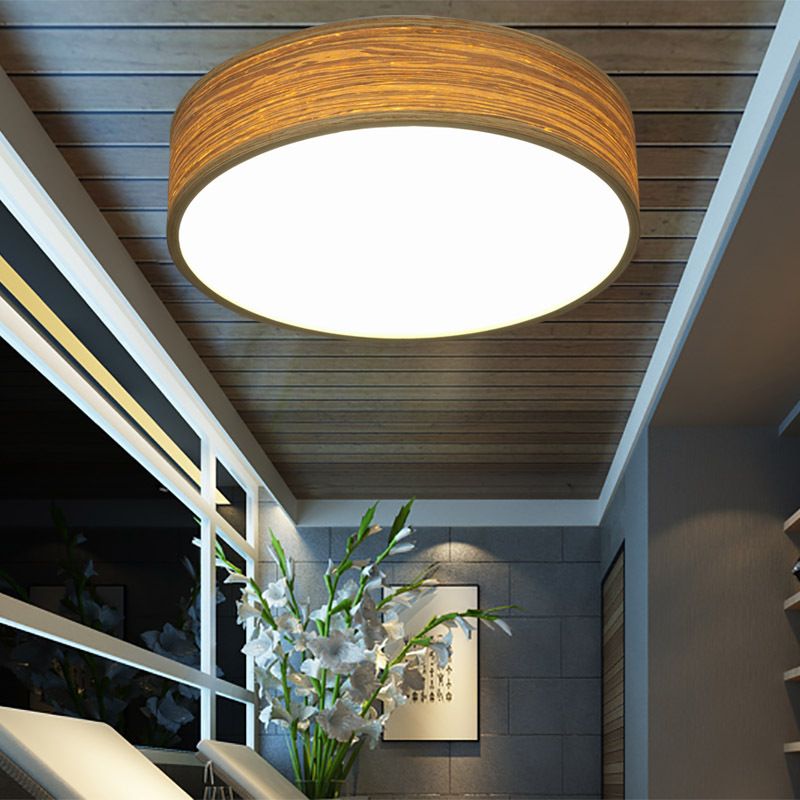 LED Dining Room Flushmount Lighting con Round Bamboo Shade Modern Wood Massimale Lampada a Warm / White Light, 10 "/14" W