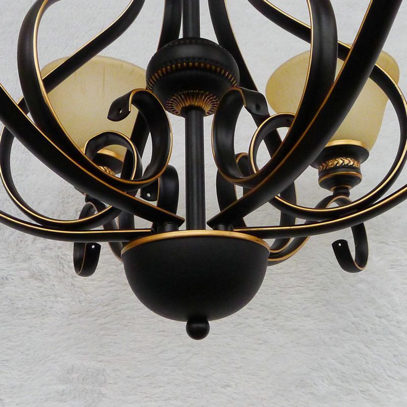 5 Lights Beige Frosted Glass Hanging Chandelier Traditional Black Bell Corridor Pendant Light Fixture
