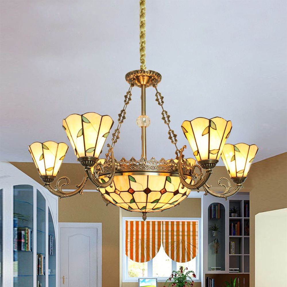 Leaf Chandelier Lighting with Bowl and Cone Shade 9 Lights Stained Glass Ceiling Pendant