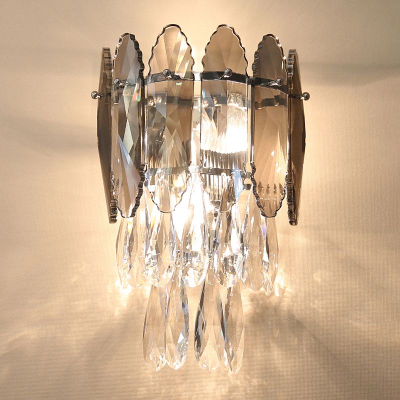 Layered Wall Lighting Fixture Modern K9 Crystal Droplet 2 Heads Foyer Sconce Light