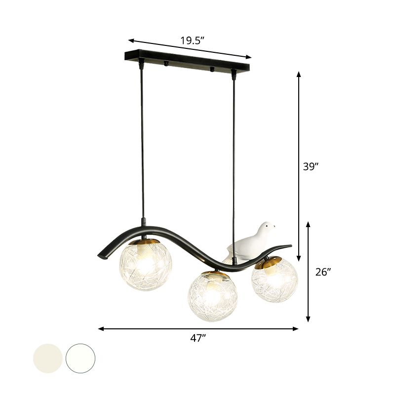 Ball Shade Hanging Lamp Kit Modernism Clear/White Glass 3 Heads Black Island Lighting with Pigeon Decor