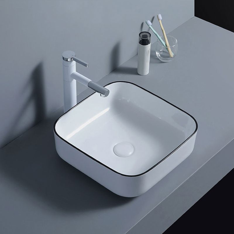 Modern Bathroom Sink with Single Faucet Hole Porcelain Rectangular Vessel Bathroom Sink
