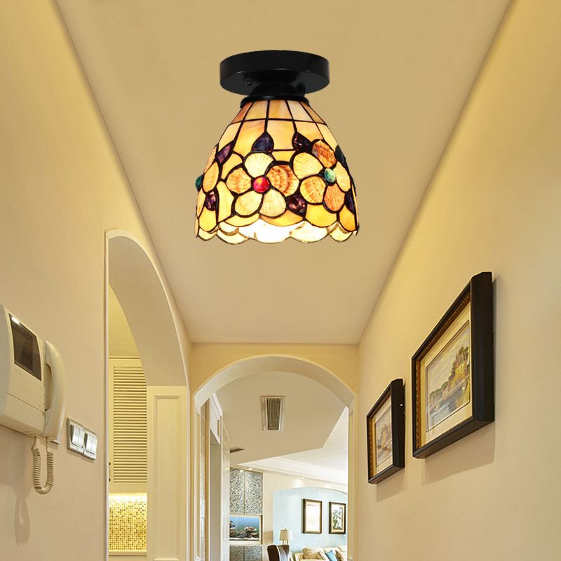 Tiffany Style Domed Ceiling Light Stained Glass 1 Bulb Flush Mount Ceiling Light with Flower Pattern in Black/Chrome Finish