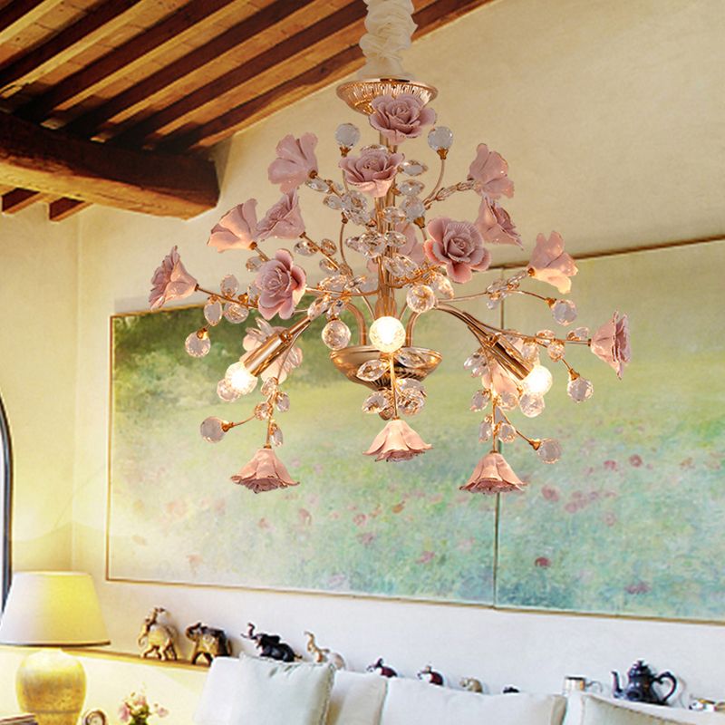 Luxury Crystal Chandelier Rural Ceramic Flower Living Room Hanging Light in Pink