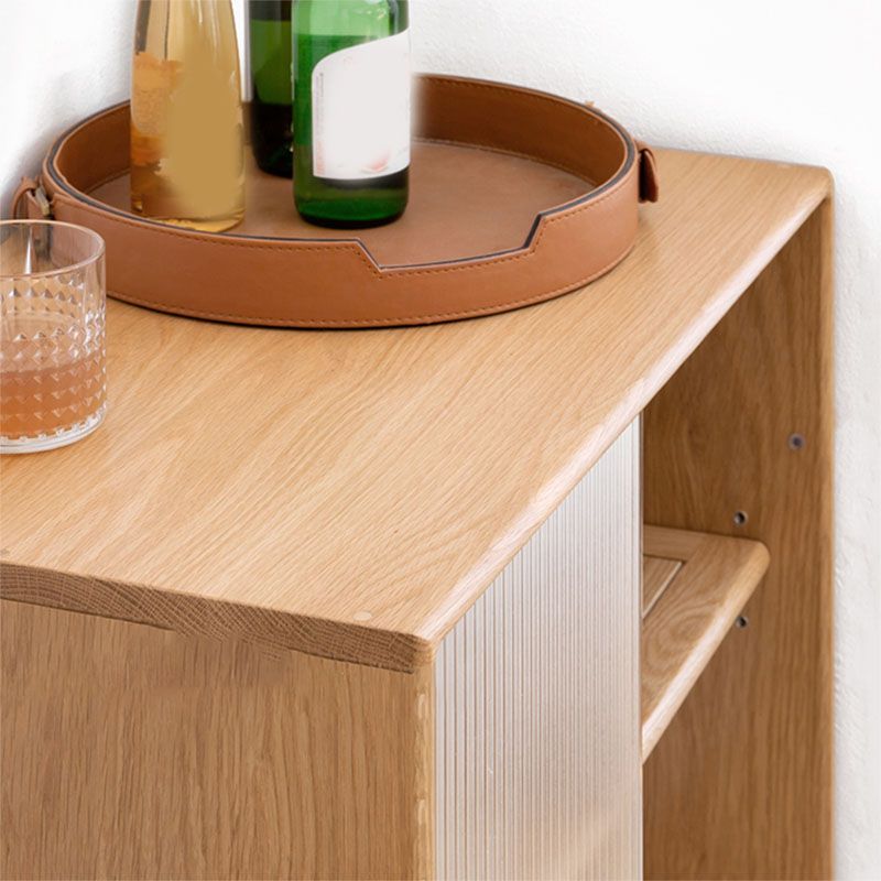 Natural Solid Wood Grooves Glass Paned Living Room Accent Cabinet with Shelves