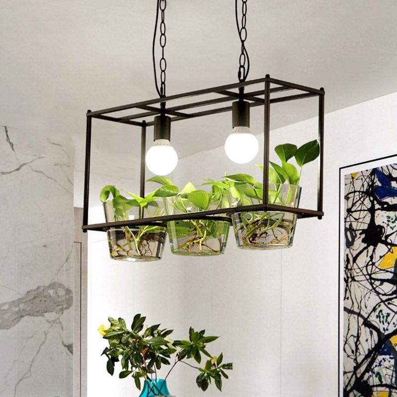 Metal Rectangle Island Ceiling Light Retro 2 Bulbs Dining Room LED Suspension Lamp in Black/Gold