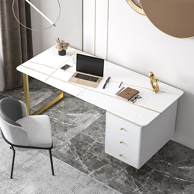 Metal Base Writing Desk Glam Style Office Desk with 3-drawer