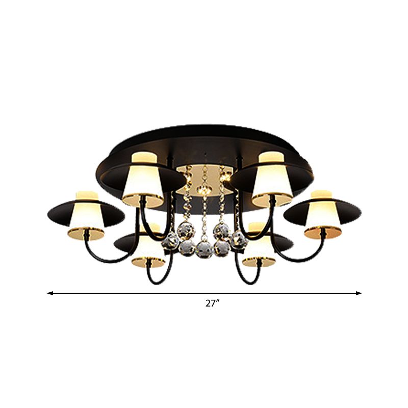 Metallic Circular Semi Flushmount Light 8 Lichten Luxe zwart/wit plafondlicht met kristallen bol voor eettafel