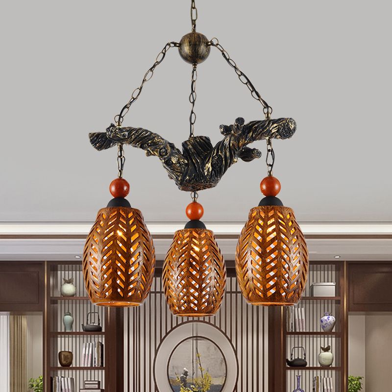3 Heads Chandelier Lamp Countryside Elongated Dome Wood Pendant Light Fixture in Brown with Resin Branch Beam