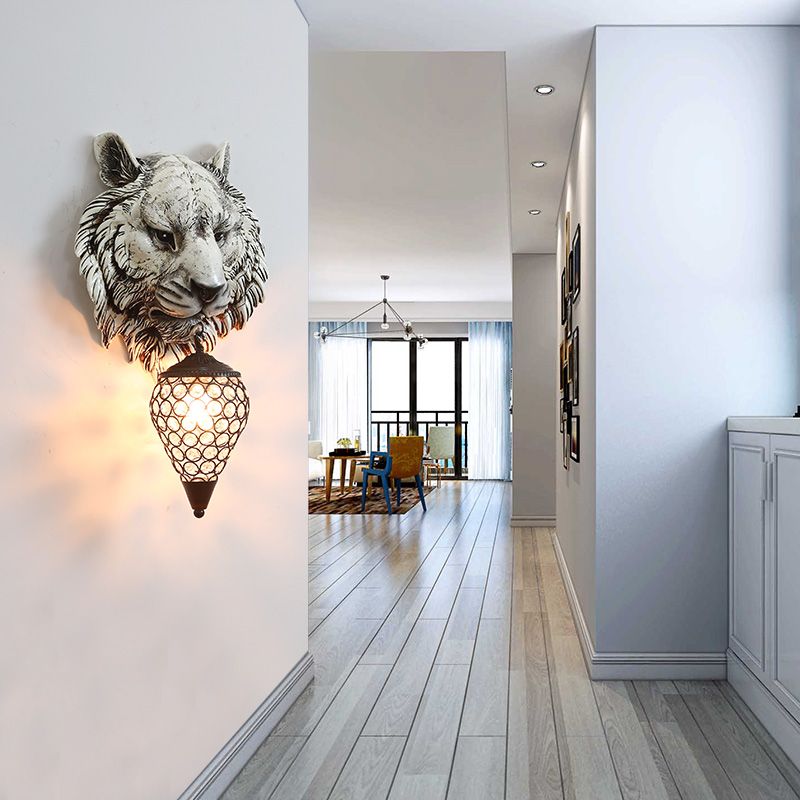 Yellow/Gray Tiger Sconce Lighting Country Style Resin 1 Bulb Wall Lamp with Clear Crystal Shade for Children Room