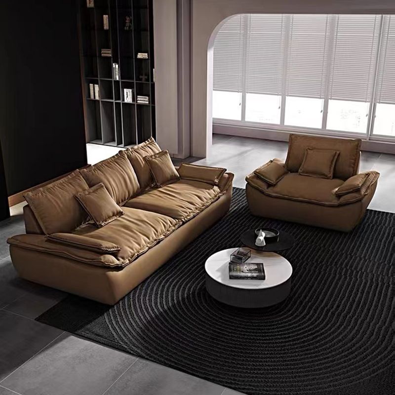 Stationary Stain Resistant Faux Leather Living Room Pillow Top Arm Dark Brown Sofa
