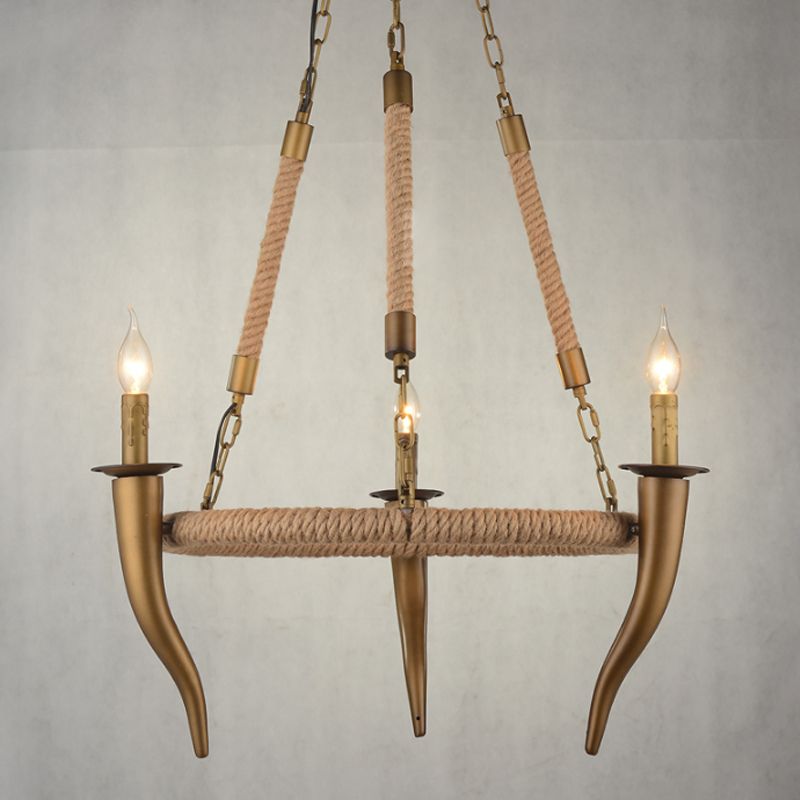 Rustic Wrapped Wagon Wheel Ceiling Pendant 3/6-Light Khaki Metallic Chandelier Light with Ox Horn Element