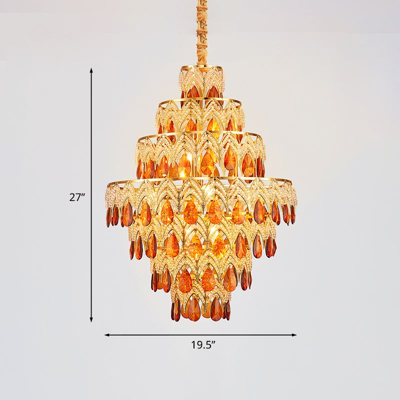 7-laags taps toelopende eetkamer hangende licht retro tan kristal 8 koppen gouden kroonluchter hanger