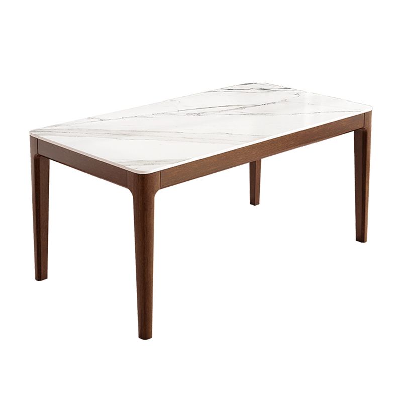 Modern Rectangular Stone Top White Dining Table with 4 Brown Rubberwood Legs