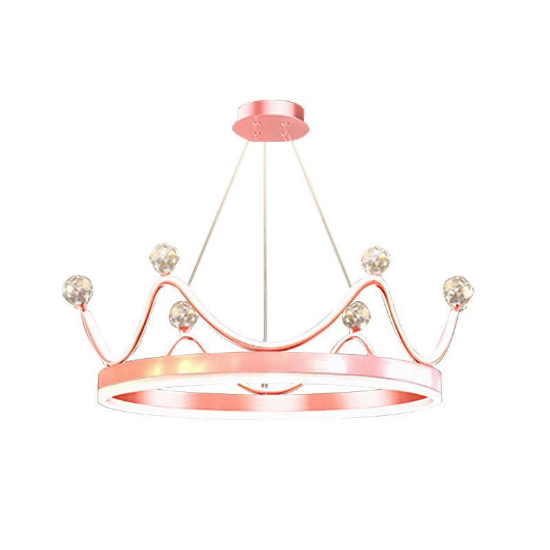 Metallic Crown Hanging Pendant Nordic Style LED Chandelier Lighting with Clear Crystal Bead Decor in Pink/Gold