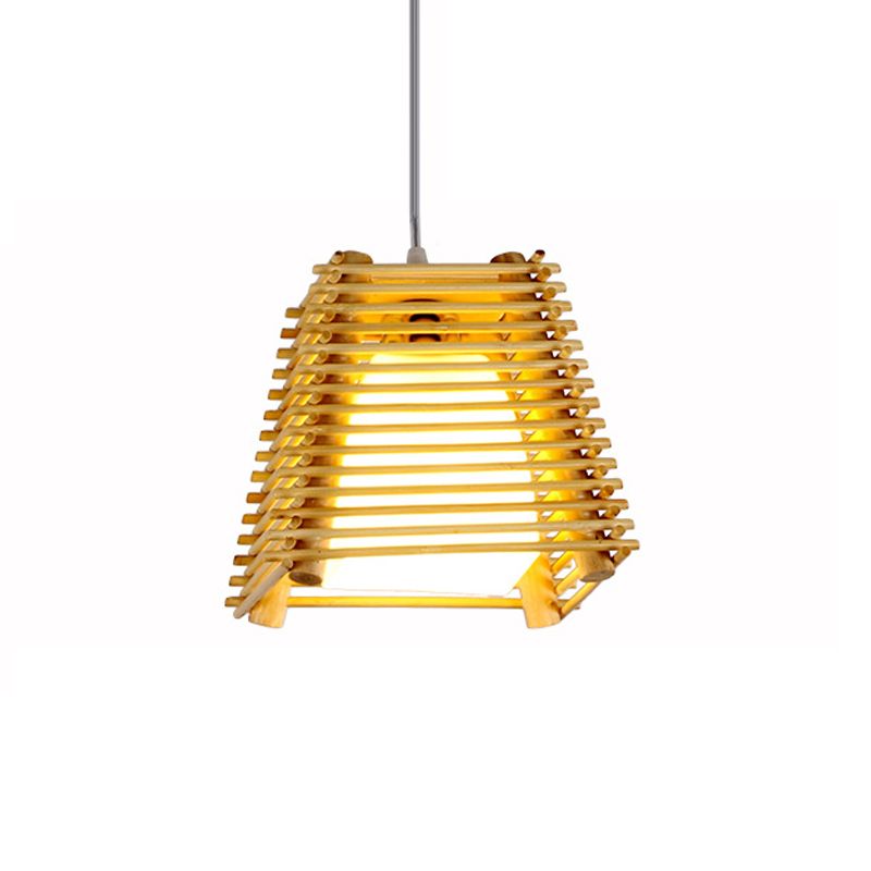 Luz de la luz colgante del trapezoide de bambú Luz de techo de madera natural de 1 bomba con sombra de vidrio blanco