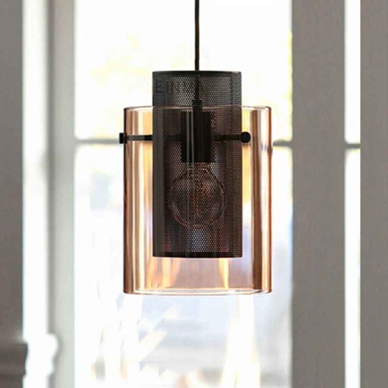 Amber Cylinder Pendant Lamp with Hollow Mesh Screen 1 Bulb Modern Hanging Light for Kitchen