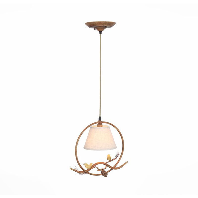 1 Light Cone Pendse Iluminación País Fabricación de tela colgante de tela colgante con marco de metal y decoración de pájaros