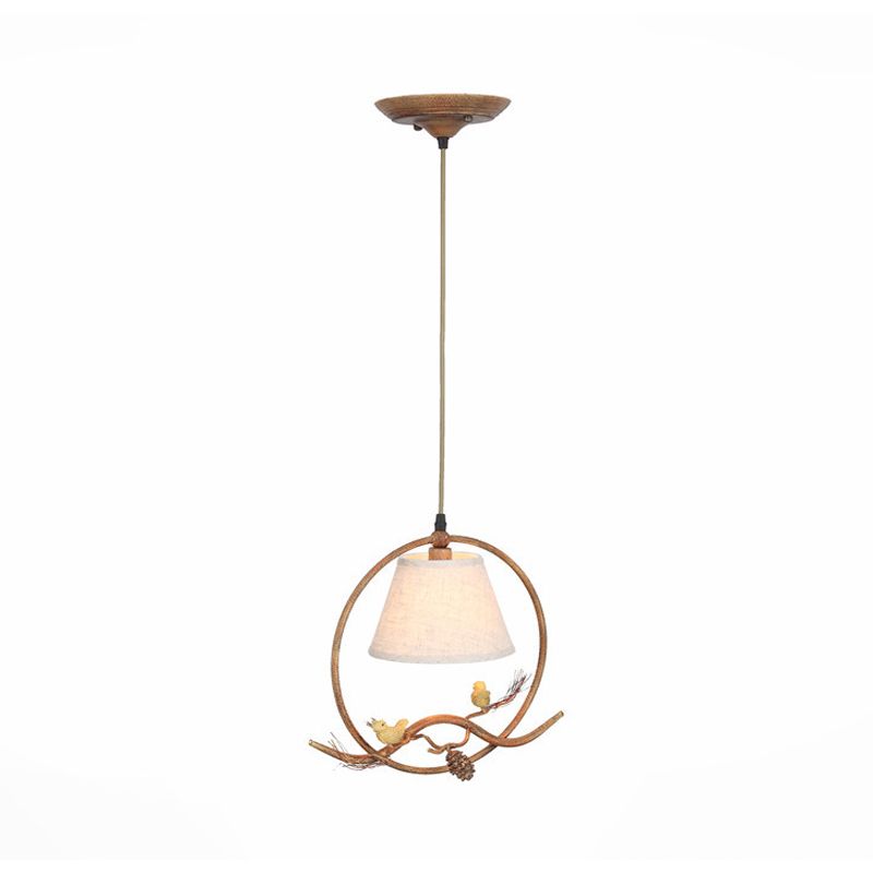 1 Côté Cône Light Pendant Country Rust Fabric de plafond suspendu avec cadre en métal et décoration d'oiseaux