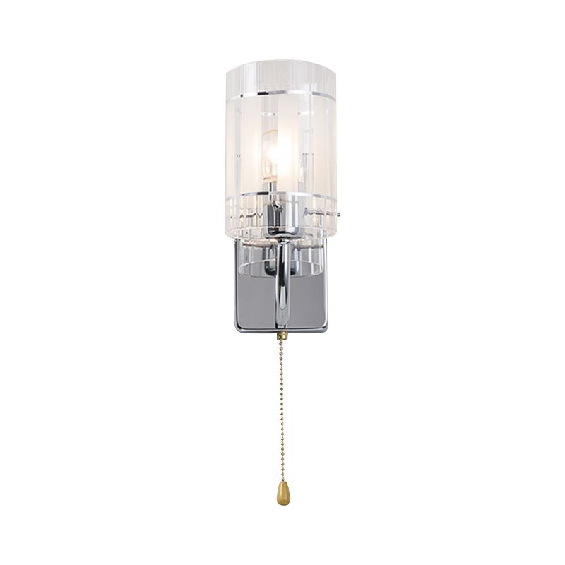 Clear Glass Chrome Sconce Light Cylinder 1/2 Light Modern Wall Lamp Fixture for Living Room with Pull Chain