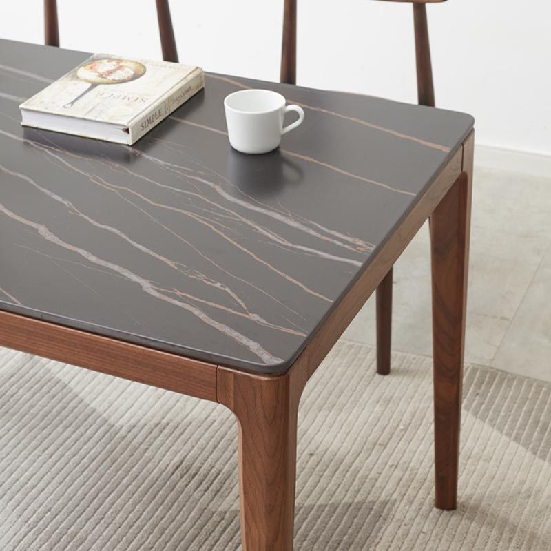 Stone Top Dining Table Traditional Luxury Rectangle Table with 4 Wood Legs