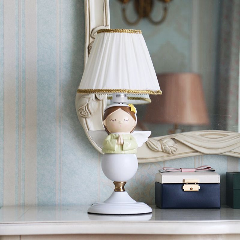 Resin Angel Night Table Light Cartoon 1 Bulb White Nightstand Lamp with Bucket Fabric Shade