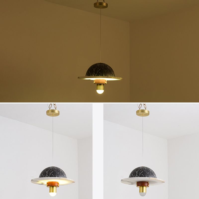 Novelty Postmodern UFO Shaped Pendant Light Marble Bedside LED Hanging Lamp in Gold