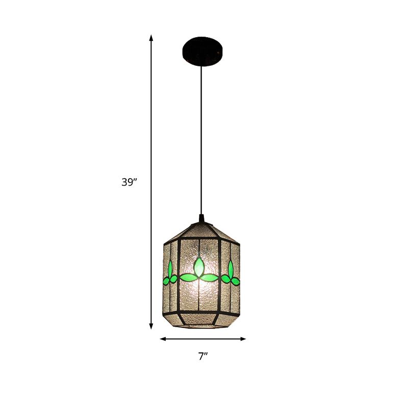 Cylinder Stainless Glass Hanging Light Tiffany Style 1 Light Red/Green Down Lighting with Rhombus/Leaf Pattern