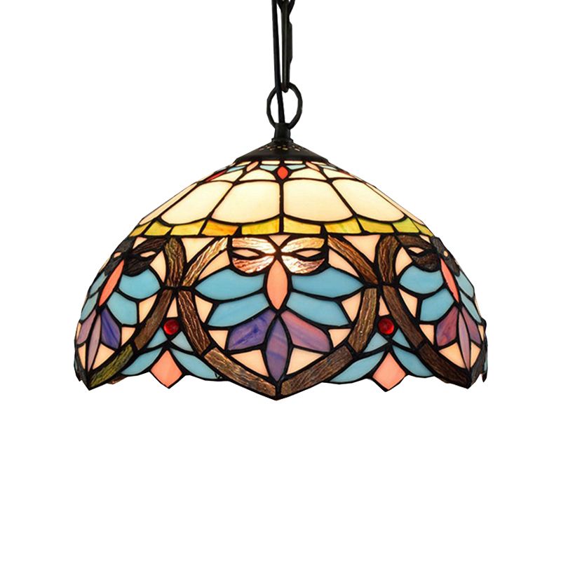 Tiffany Style Bowl-Shaped Hanging Lamp Stained Glass 1 Light Colorful Ceiling Pendant for Dining Room