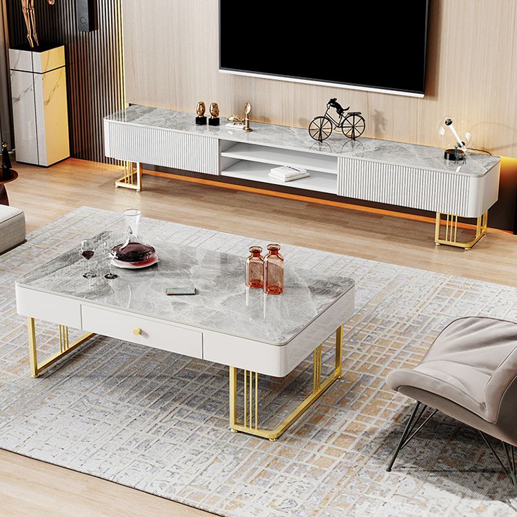 Glam Style Stone TV Stand Open Storage TV Console with 2 Drawers