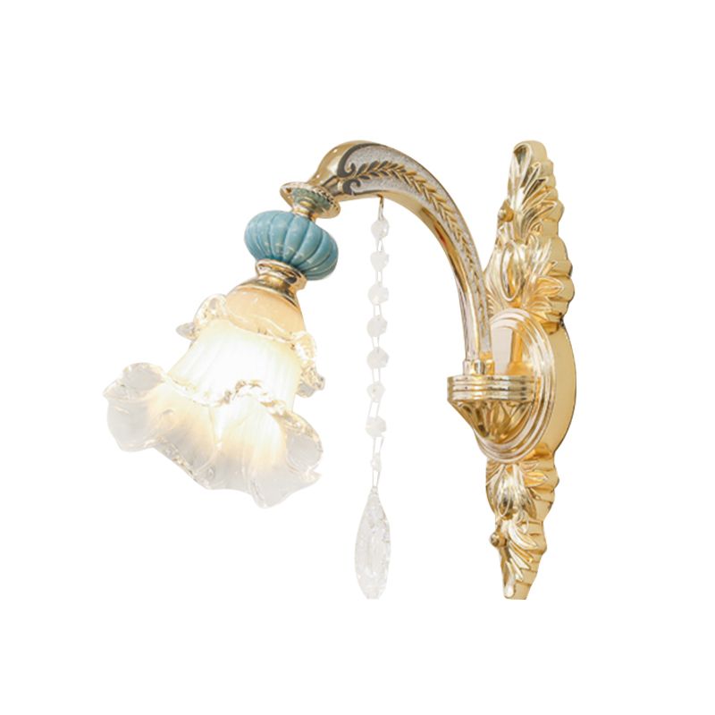 Moup de fleur clair Verre blanc nordique 1/2 lumières Gold Mur Mount Lumière pour chambre à coucher avec goutte de cristal
