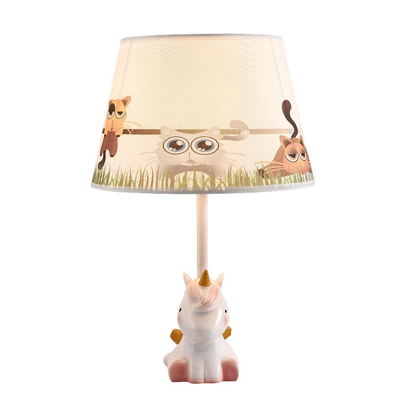 Pink Unicorn Table Lamp Cartoon 1 Head Resin Nightstand Light with Patterned Empire Shade