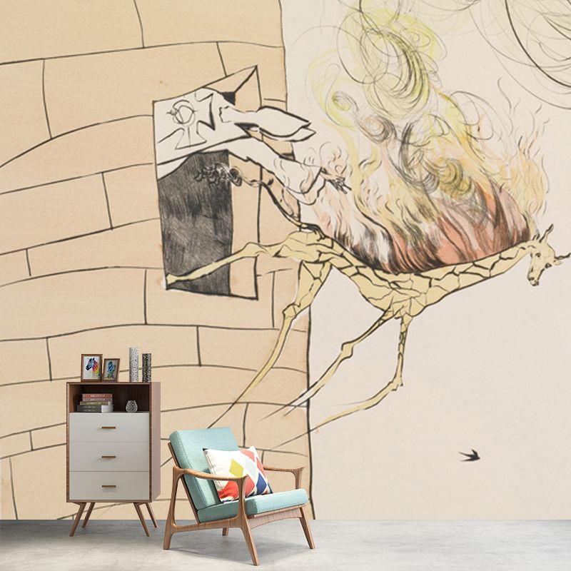 Huge Dali Drawing Mural Surreal Creative Horse Thrown Out of Fortress Wall Art in Beige