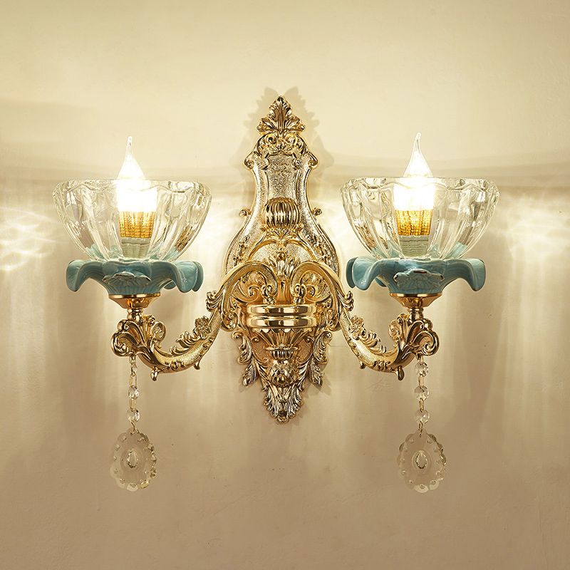 Glass Gold Wall Mount Light Ruffle Flower Retro Wall Lighting with Crystal Draping