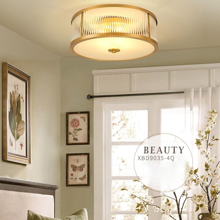 Brass Drum Flush Mount Light Traditional Style Glass Ceiling Light for Bedroom Living Room
