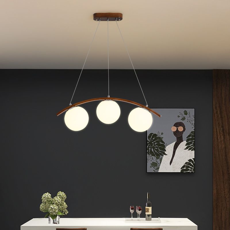 Modern Wooden Island Light Round Glass Shade Chandelier Light Fixture for Dining Room