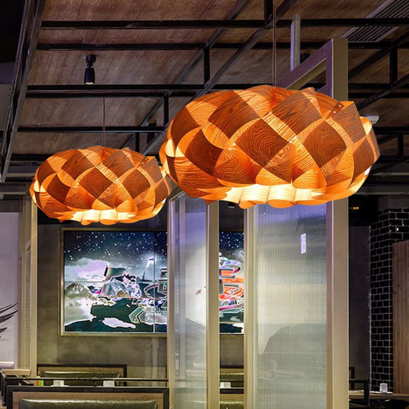 Asian Drum Shade Hanging Pendant Stranded-Weaving Wood Single Hotel Ceiling Light Fixture in Beige