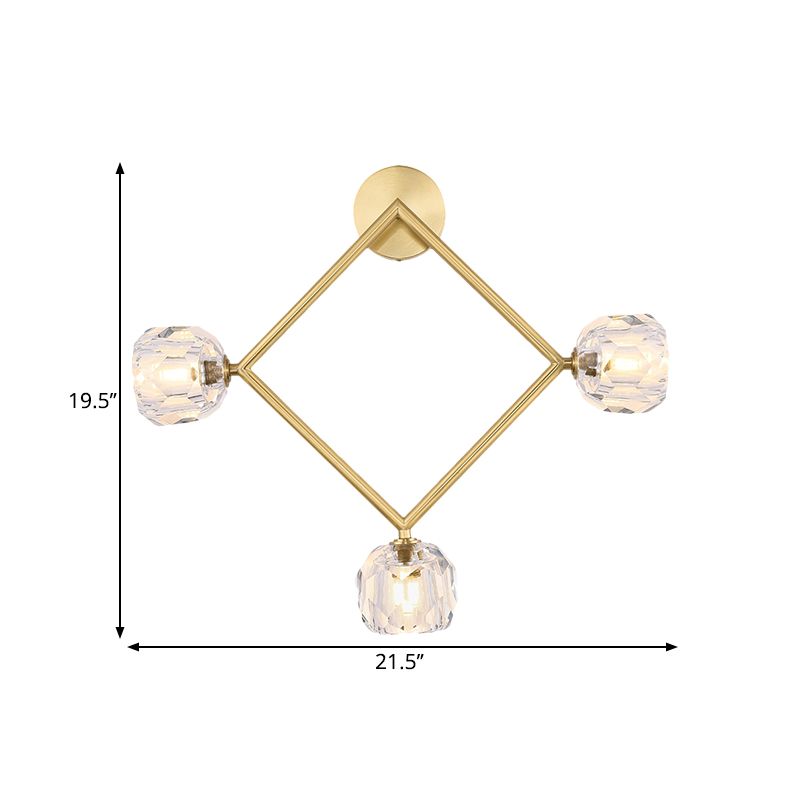 Ring/Square Wall Light Fixture Contemporary 3 Heads Brass Finish Wall Sconce with Modo Clear Crystal Shade